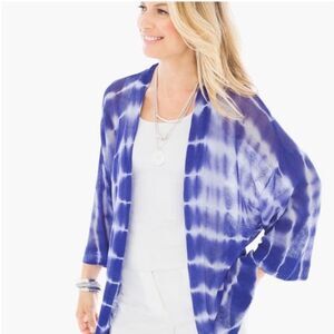 Chico’s Farida Tie Dye Linen Open Mesh Knit Cardigan Womens M Blue Coastal Boho